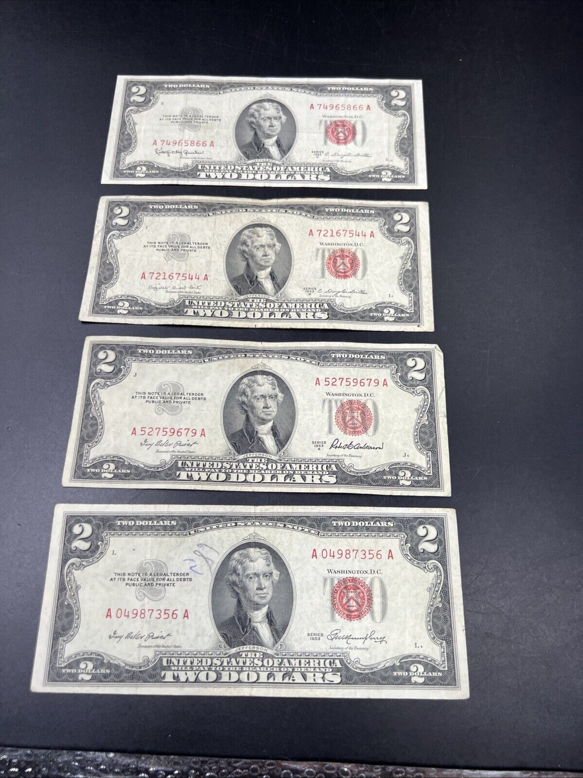 4 NOTE SET 1953 + A B & C $2 Red Seal Legal Tender Currency Note Bills VG #356