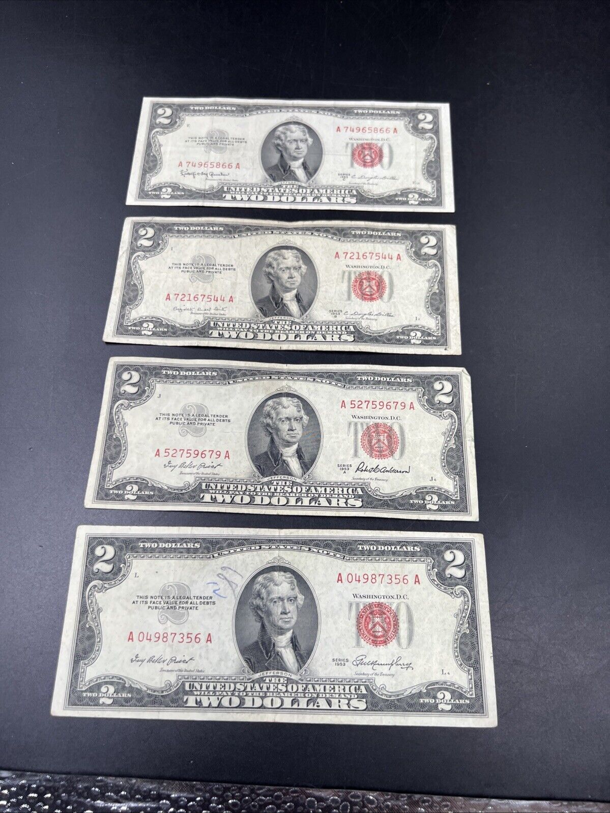 4 NOTE SET 1953 + A B & C $2 Red Seal Legal Tender Currency Note Bills VG #356