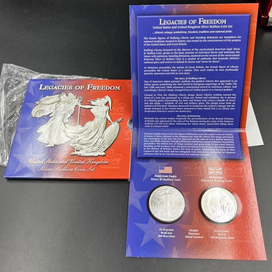 2003 2002 Legacies Of Freedom US ASE 1 oz Silver Eagle UK Britannia Coin SET OGP