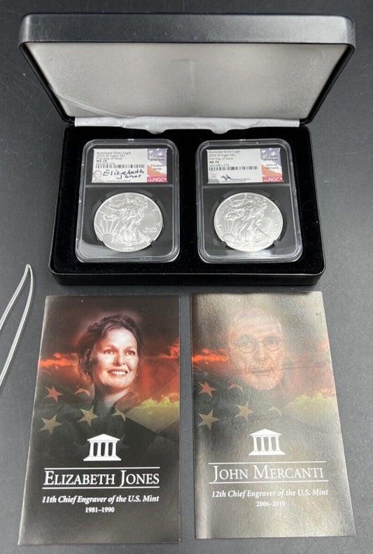 2 Coin Set Elizabth Jones John Mercanti Burnished 1 oz ASE Signature 2020 MS70