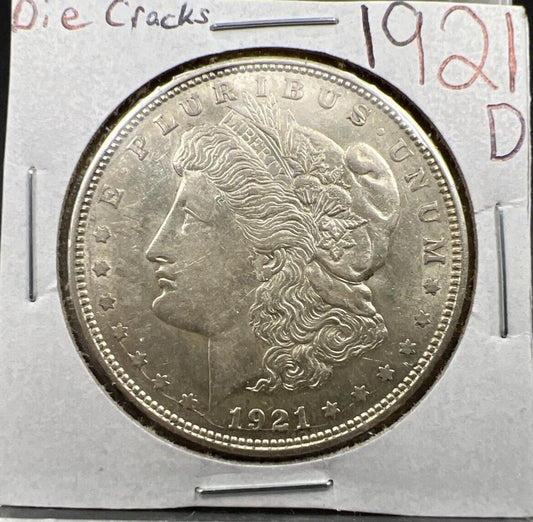 1921 D $1 Morgan Silver Dollar Coin Choice AU About UNC Die Cracks Vam Variety