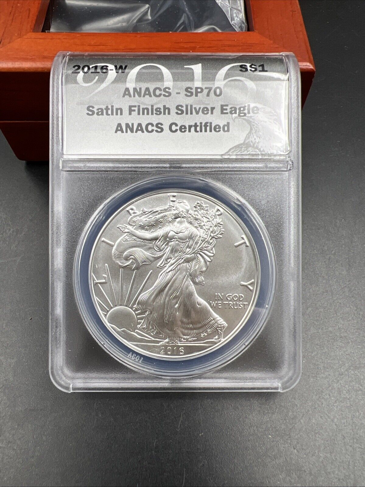 2016 W Burnished American Silver Eagle $1 ANACS MS70 in Display Wood Box