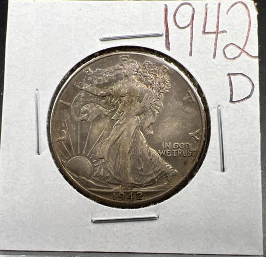 1942 D Walking Liberty Silver Half Dollar Coin XF EF Extra Fine Neat Toning