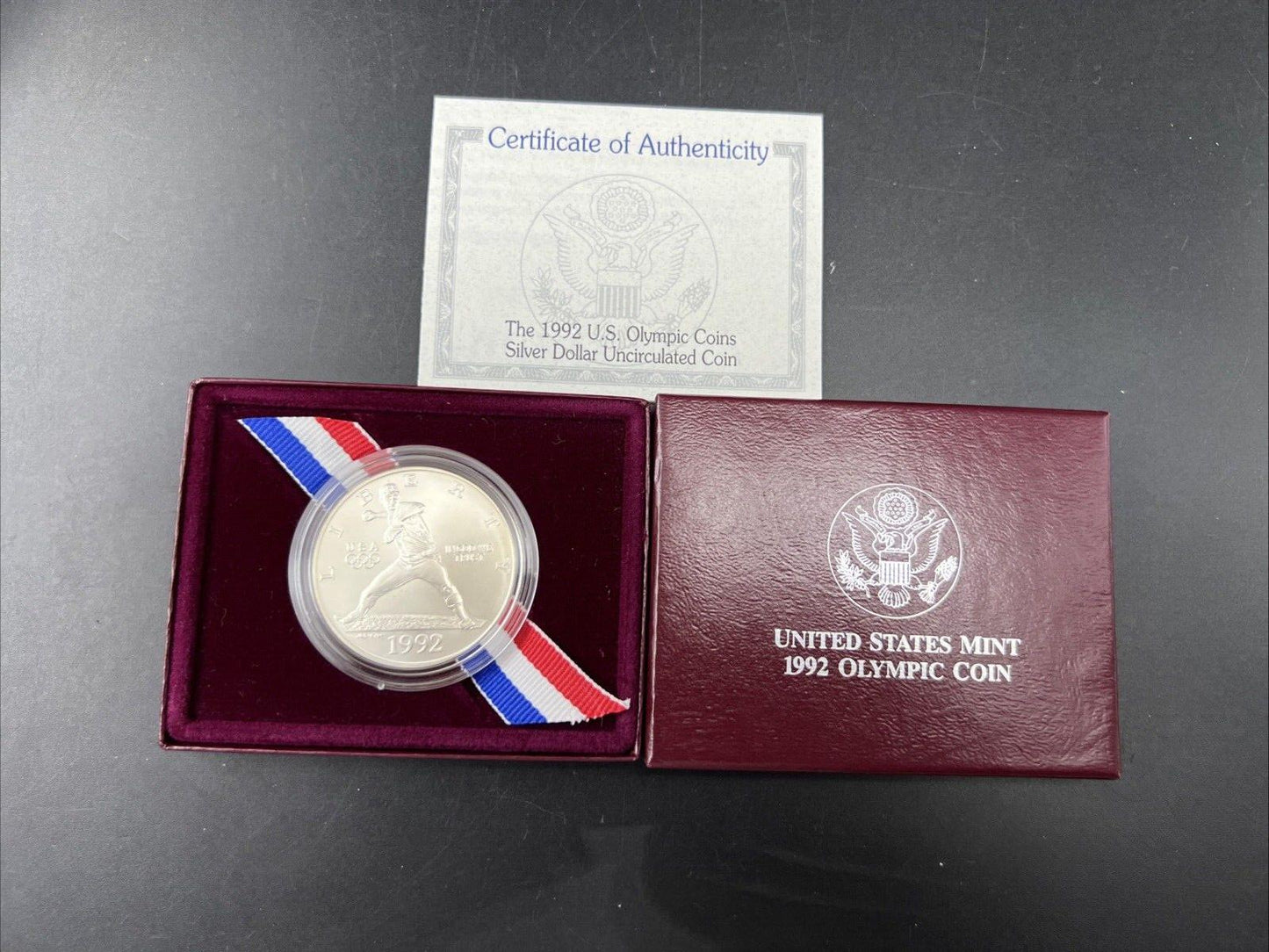 1992 Nolan Ryan Olympic Baseball 90% Silver Dollar Commemorate BU OGP Box COA