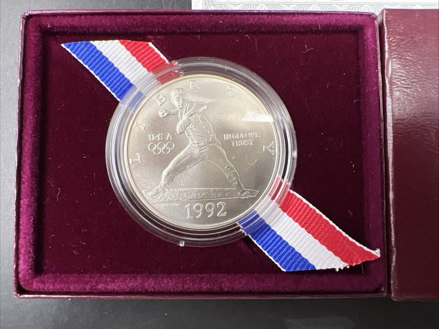 1992 Nolan Ryan Olympic Baseball 90% Silver Dollar Commemorate BU OGP Box COA