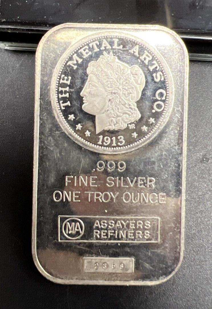 1 Oz Silver The Metal Arts Co Vintage Morgan Art Bar MA Assayers Refiners Circ