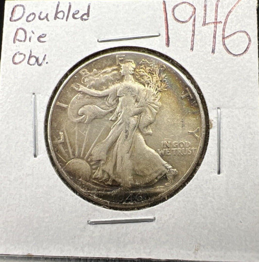 1946 P 50c FS-101 DDO Double Die Obverse Variety Walking Liberty Half VF Toner