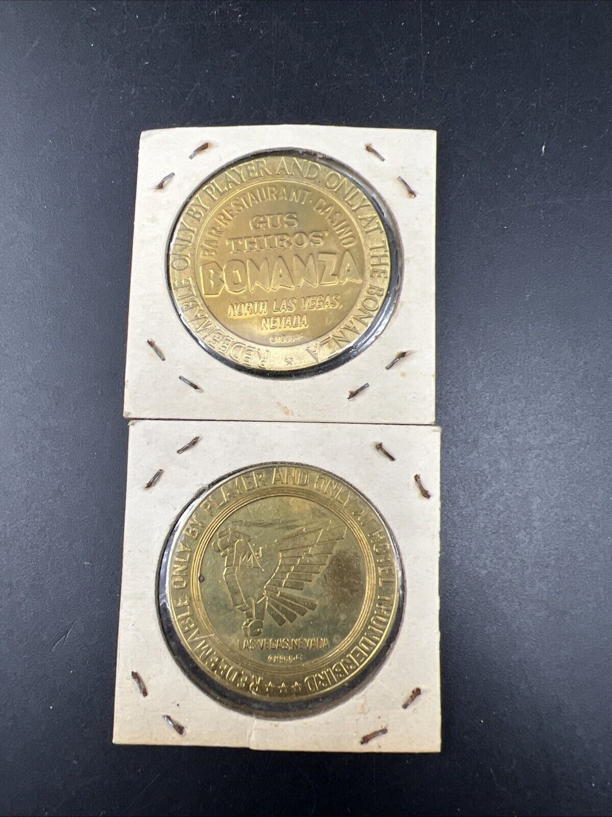 Lot of 2 Specimine Proof Strike Casino Tokens Bonanza Hotel Thunderbird L Vegas