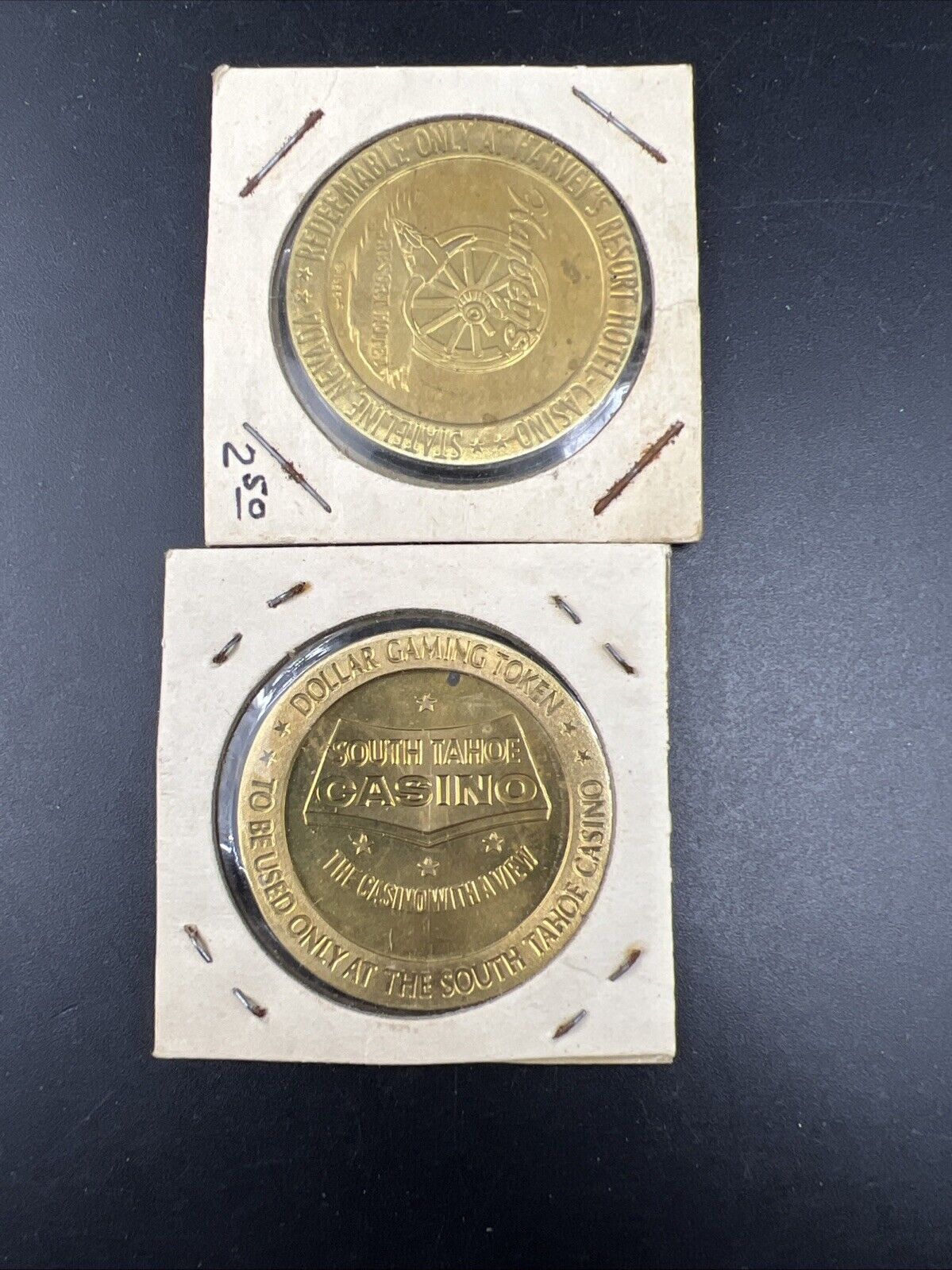 Lot of 2 Specimine Proof Strike Casino Tokens South Tahoe & Harvey's Resort