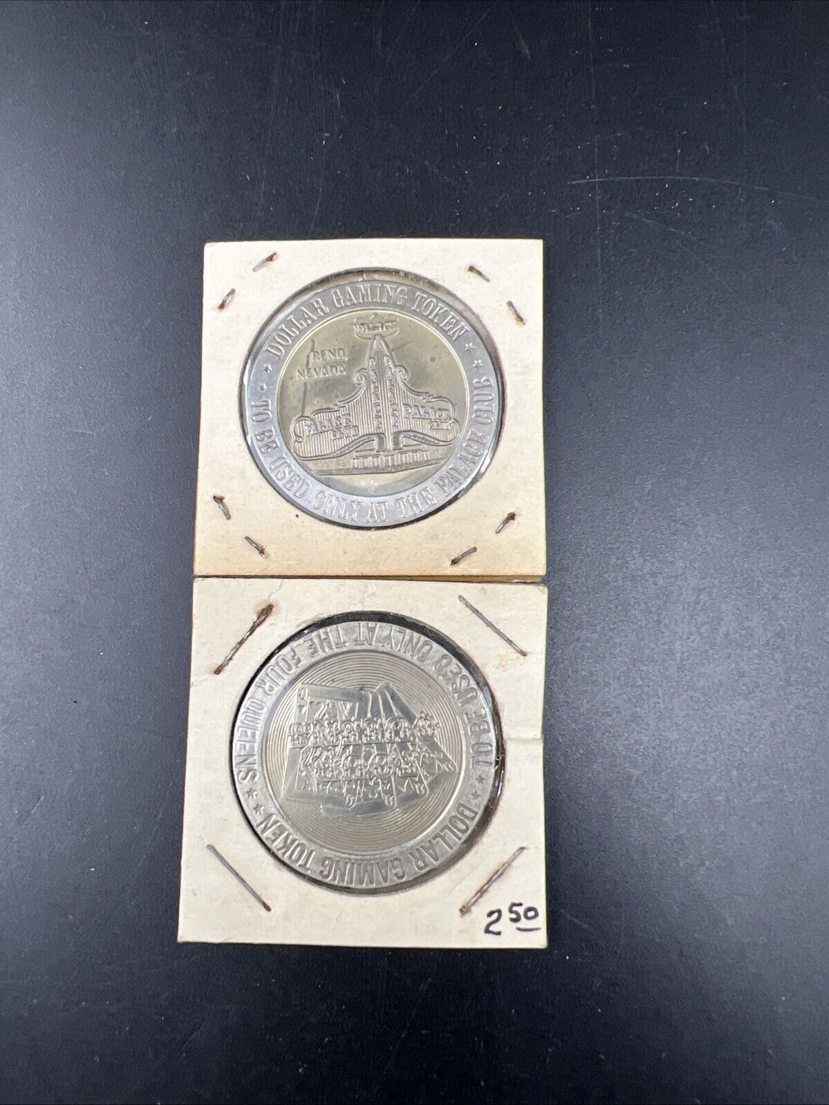 Lot of 2 Specimine Strike Casino Tokens The Palace Club & The Four Queens