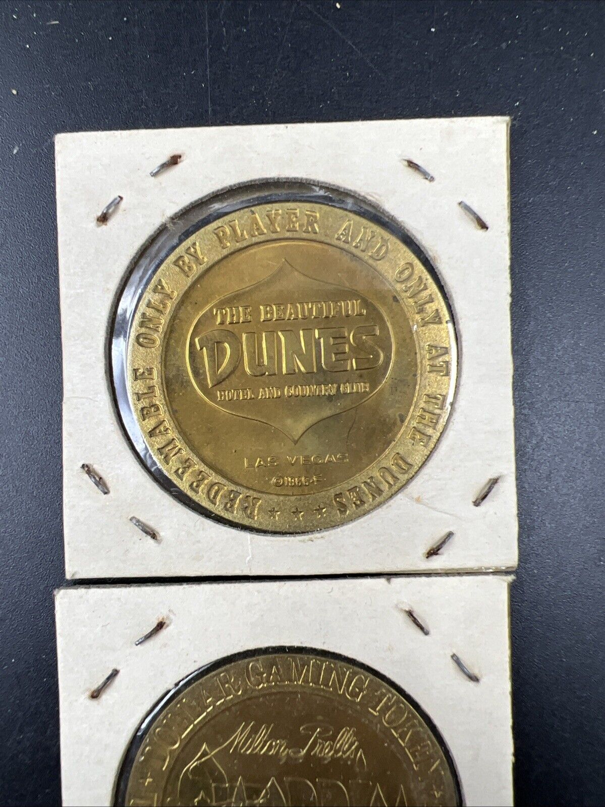 Lot of 2 Specimine Proof Strike Casino Tokens Aladdin & Dunes Hotel Las Vegas