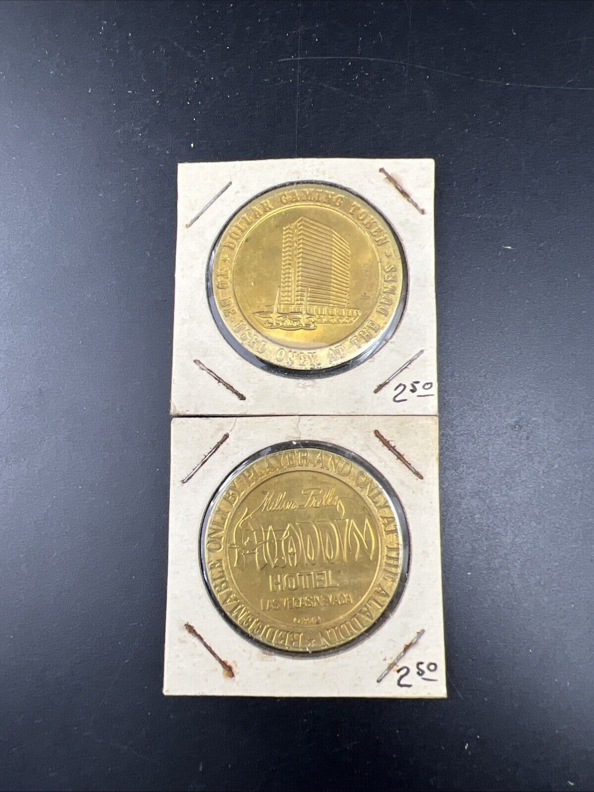 Lot of 2 Specimine Proof Strike Casino Tokens Aladdin & Dunes Hotel Las Vegas