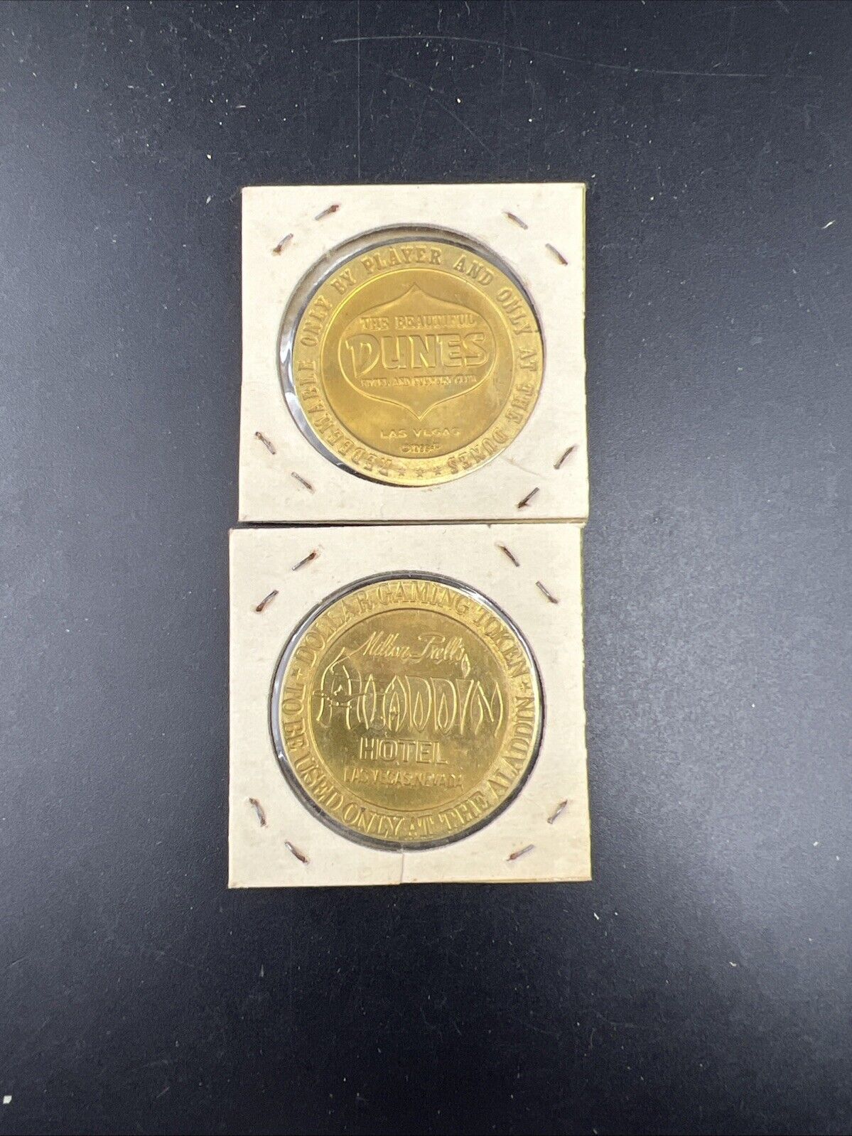 Lot of 2 Specimine Proof Strike Casino Tokens Aladdin & Dunes Hotel Las Vegas