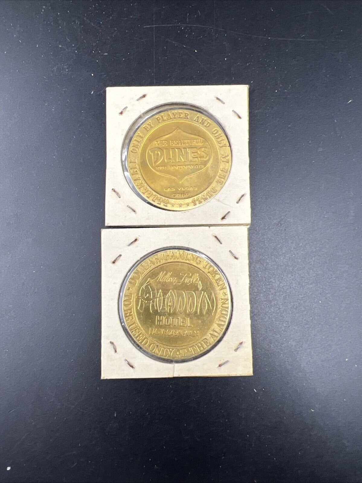 Lot of 2 Specimine Proof Strike Casino Tokens Aladdin & Dunes Hotel Las Vegas