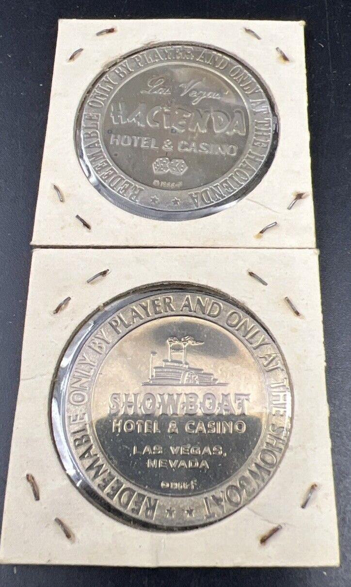 Lot of 2 Specimine / Proof Strike Casino Tokens Las Vegas Showboat & Hacienda