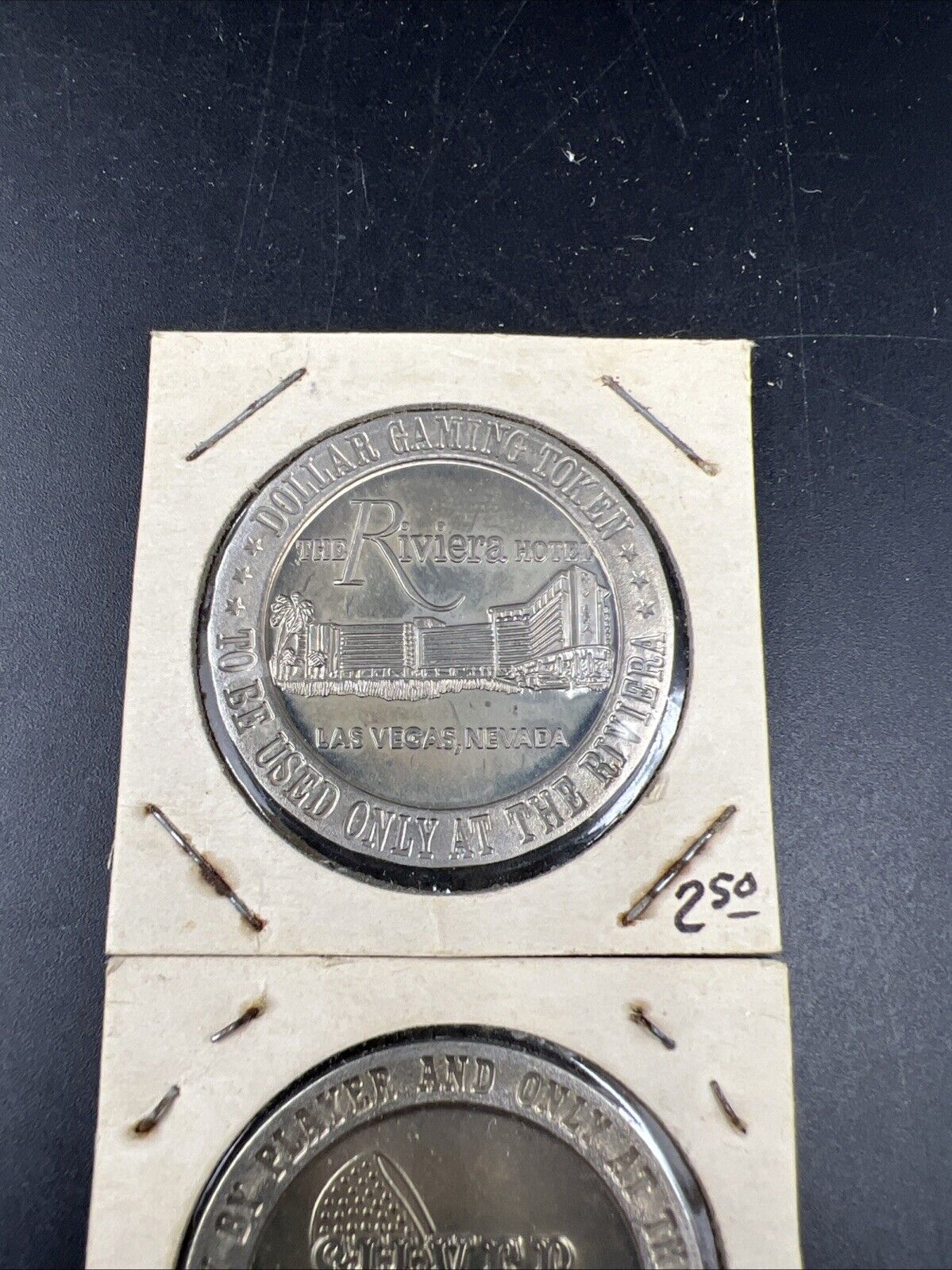 Lot of 2 Specimine Proof Strike Casino Tokens Riviera Las Vegas & Silver Slipper