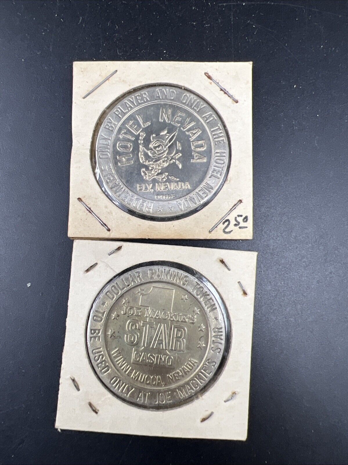 Lot of 2 Specimine Proof Strike Casino Tokens Hotel Nevada & Joe Mackie's Star