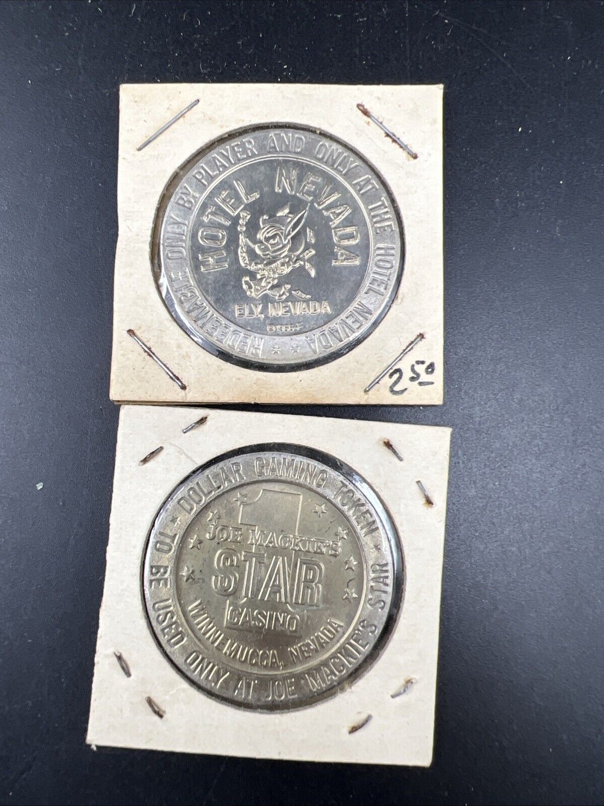 Lot of 2 Specimine Proof Strike Casino Tokens Hotel Nevada & Joe Mackie's Star