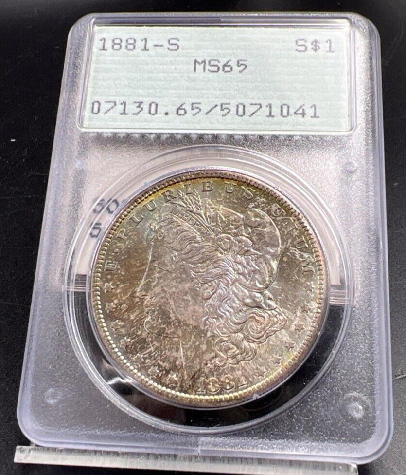 1881 S $1 Morgan Dollar PCGS MS65 OGH Rattler Blue / Rainbow Monster Toning OBV