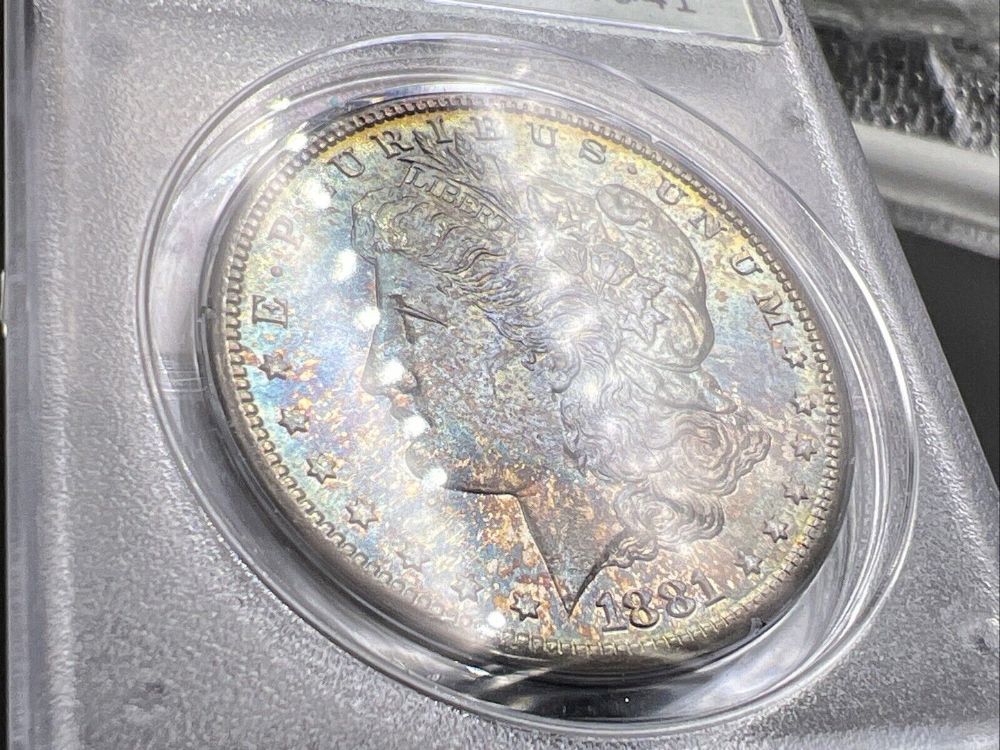 1881 S $1 Morgan Dollar PCGS MS65 OGH Rattler Blue / Rainbow Monster Toning OBV