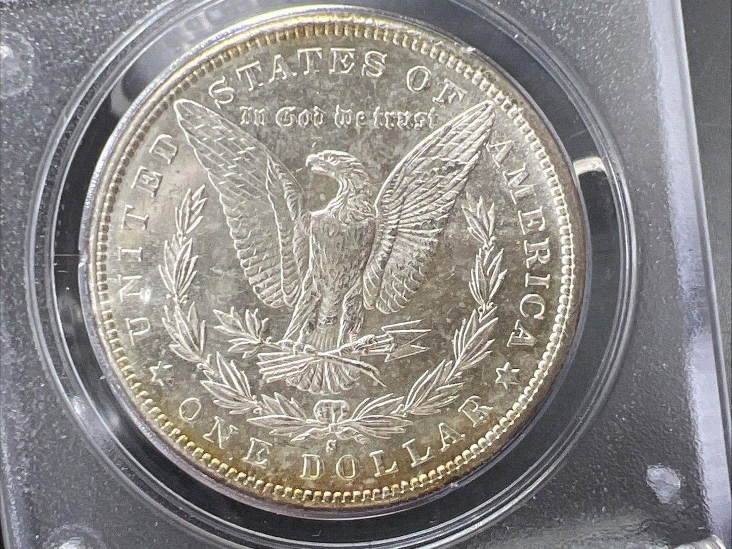 1881 S $1 Morgan Dollar PCGS MS65 OGH Rattler Blue / Rainbow Monster Toning OBV