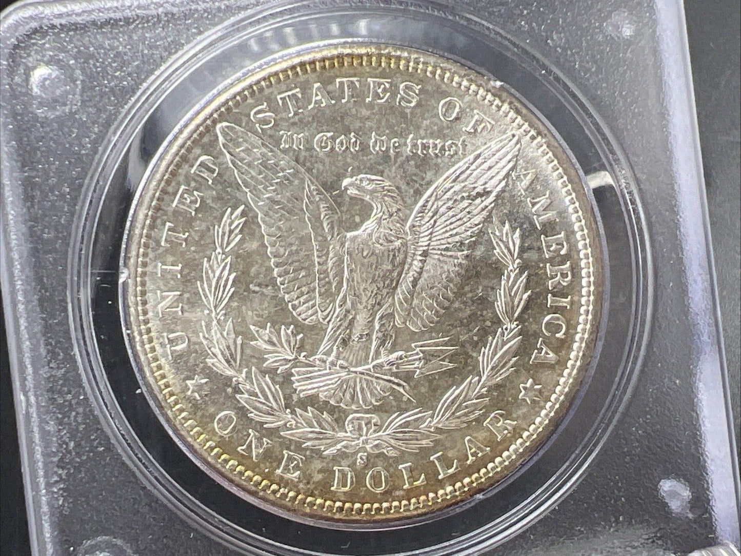 1881 S $1 Morgan Dollar PCGS MS65 OGH Rattler Blue / Rainbow Monster Toning OBV