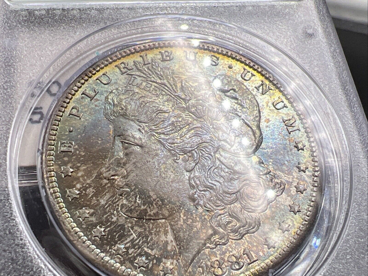 1881 S $1 Morgan Dollar PCGS MS65 OGH Rattler Blue / Rainbow Monster Toning OBV