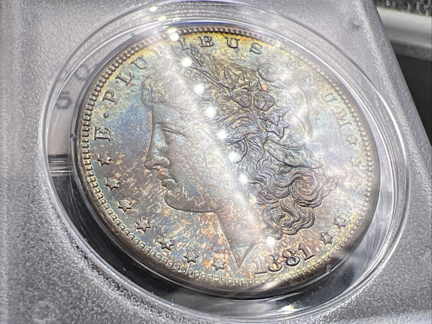 1881 S $1 Morgan Dollar PCGS MS65 OGH Rattler Blue / Rainbow Monster Toning OBV