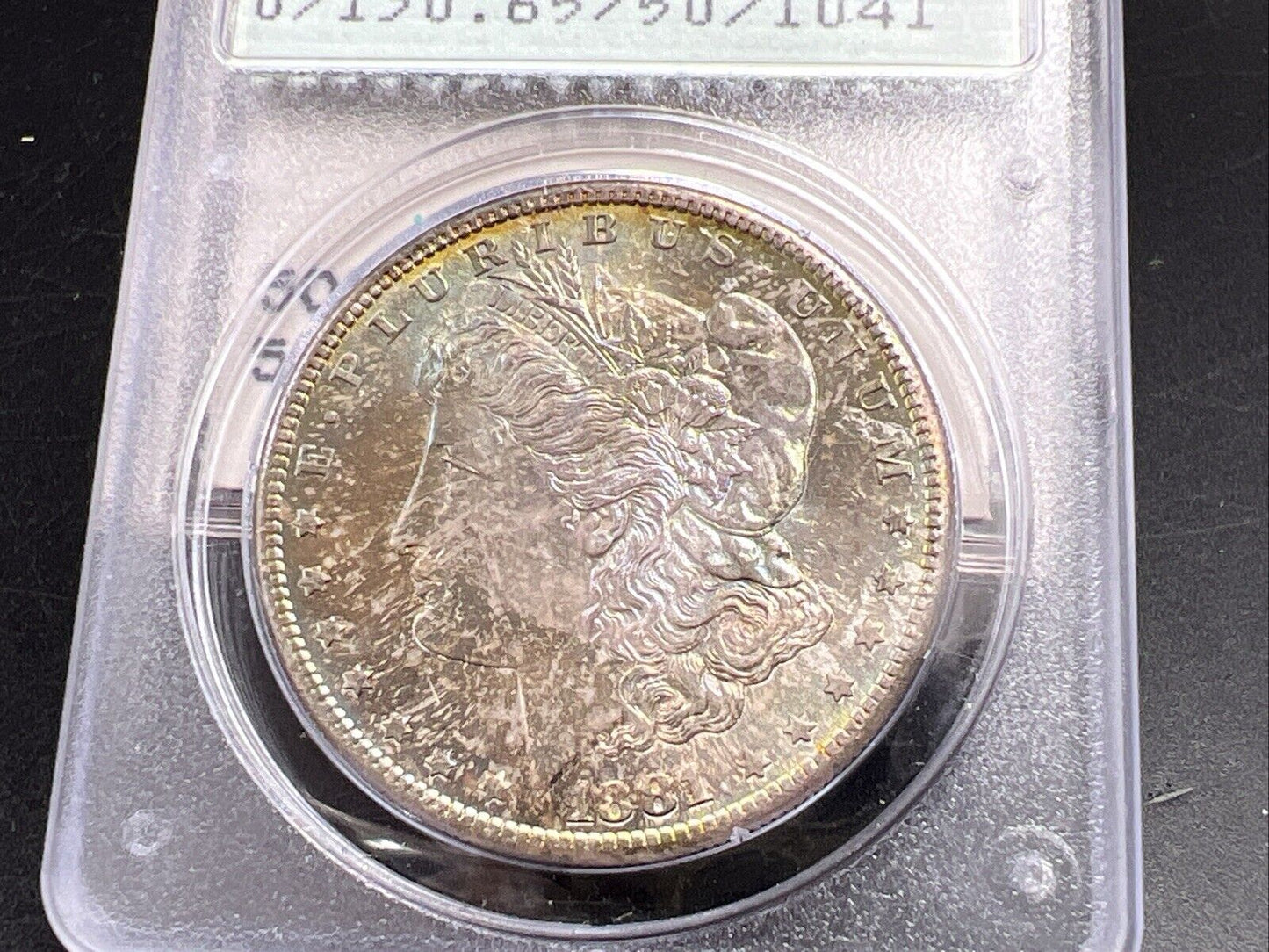 1881 S $1 Morgan Dollar PCGS MS65 OGH Rattler Blue / Rainbow Monster Toning OBV