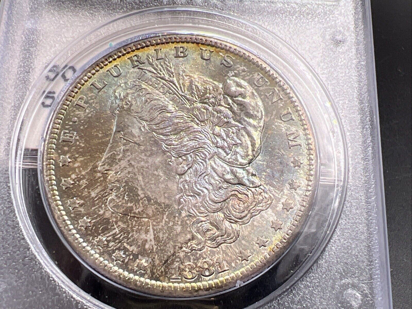 1881 S $1 Morgan Dollar PCGS MS65 OGH Rattler Blue / Rainbow Monster Toning OBV