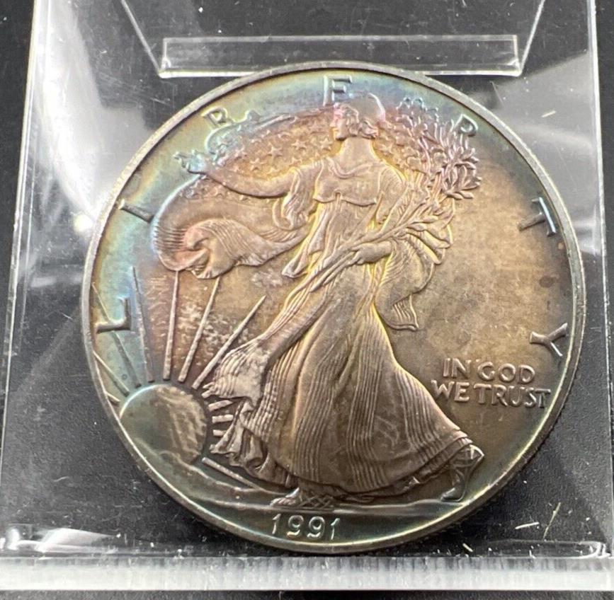 1991 1 Oz ASE American Silver Eagle Coin Gem BU UNC Rainbow Toning OBV