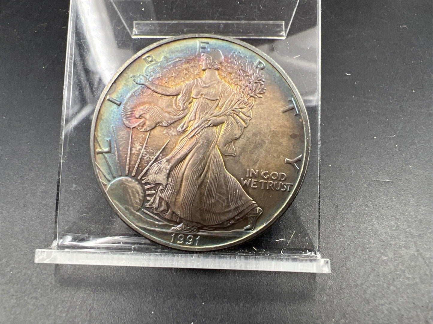 1991 1 Oz ASE American Silver Eagle Coin Gem BU UNC Rainbow Toning OBV