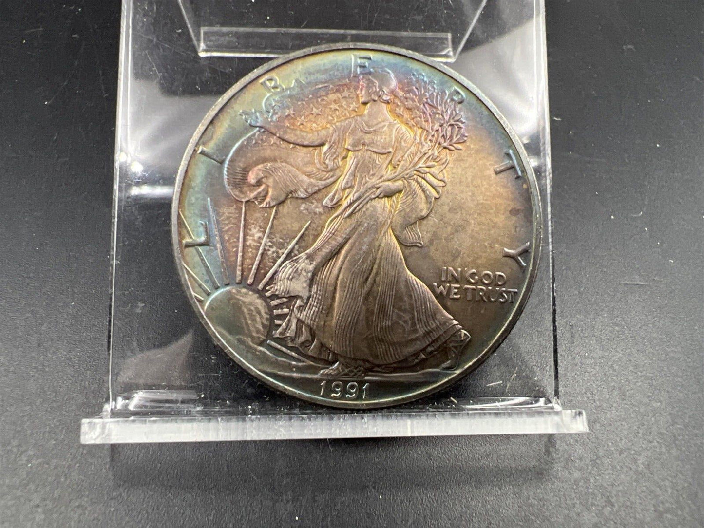 1991 1 Oz ASE American Silver Eagle Coin Gem BU UNC Rainbow Toning OBV