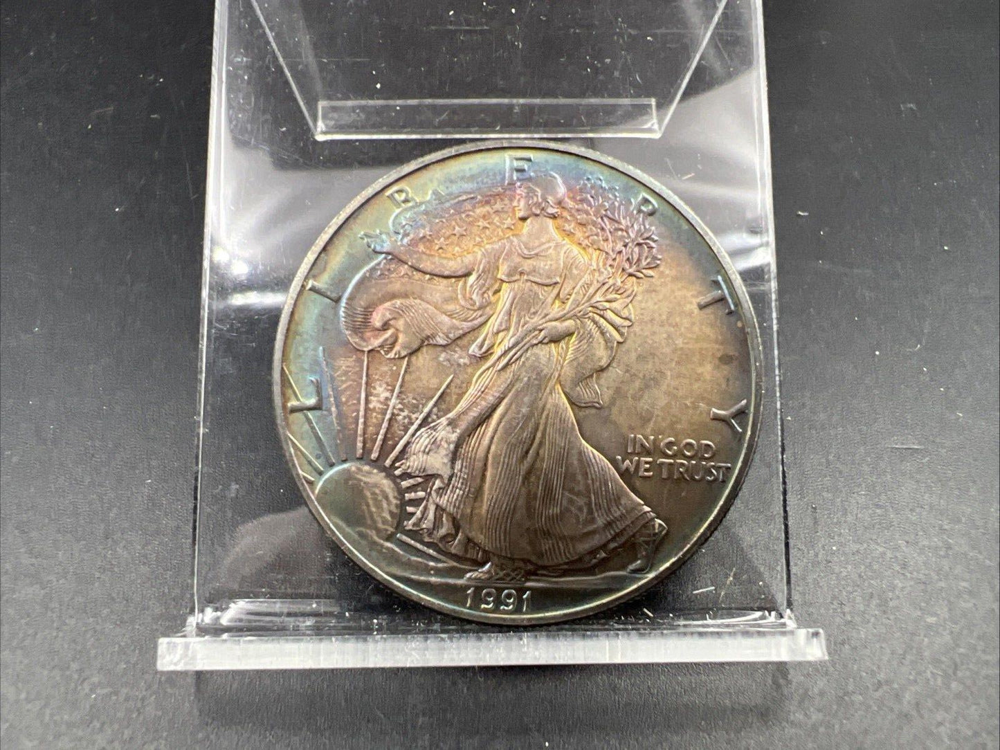 1991 1 Oz ASE American Silver Eagle Coin Gem BU UNC Rainbow Toning OBV