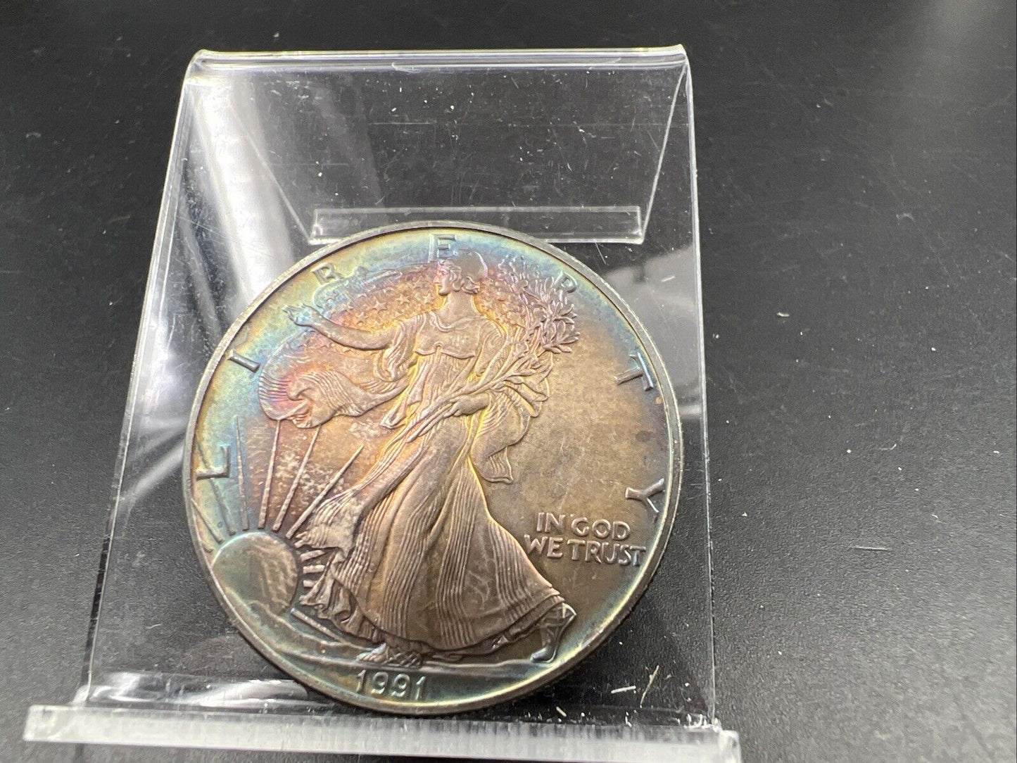 1991 1 Oz ASE American Silver Eagle Coin Gem BU UNC Rainbow Toning OBV