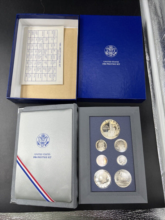 1986 S US Mint Prestige Proof Set w/ Statue of Liberty Silver Dollar Box & COA