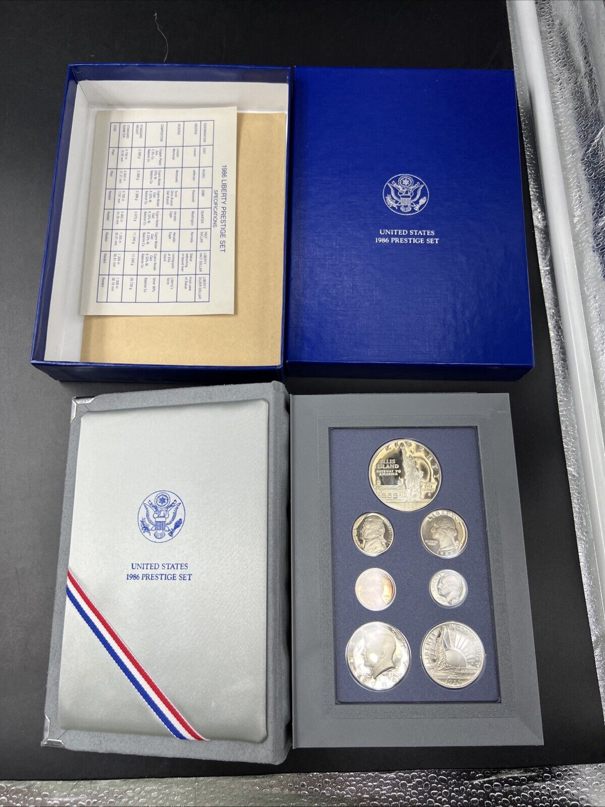 1986 S US Mint Prestige Proof Set w/ Statue of Liberty Silver Dollar Box & COA