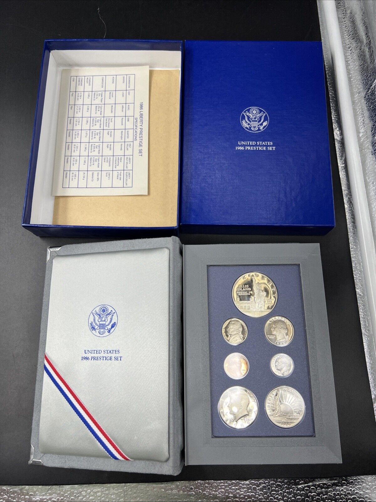 1986 S US Mint Prestige Proof Set w/ Statue of Liberty Silver Dollar Box & COA