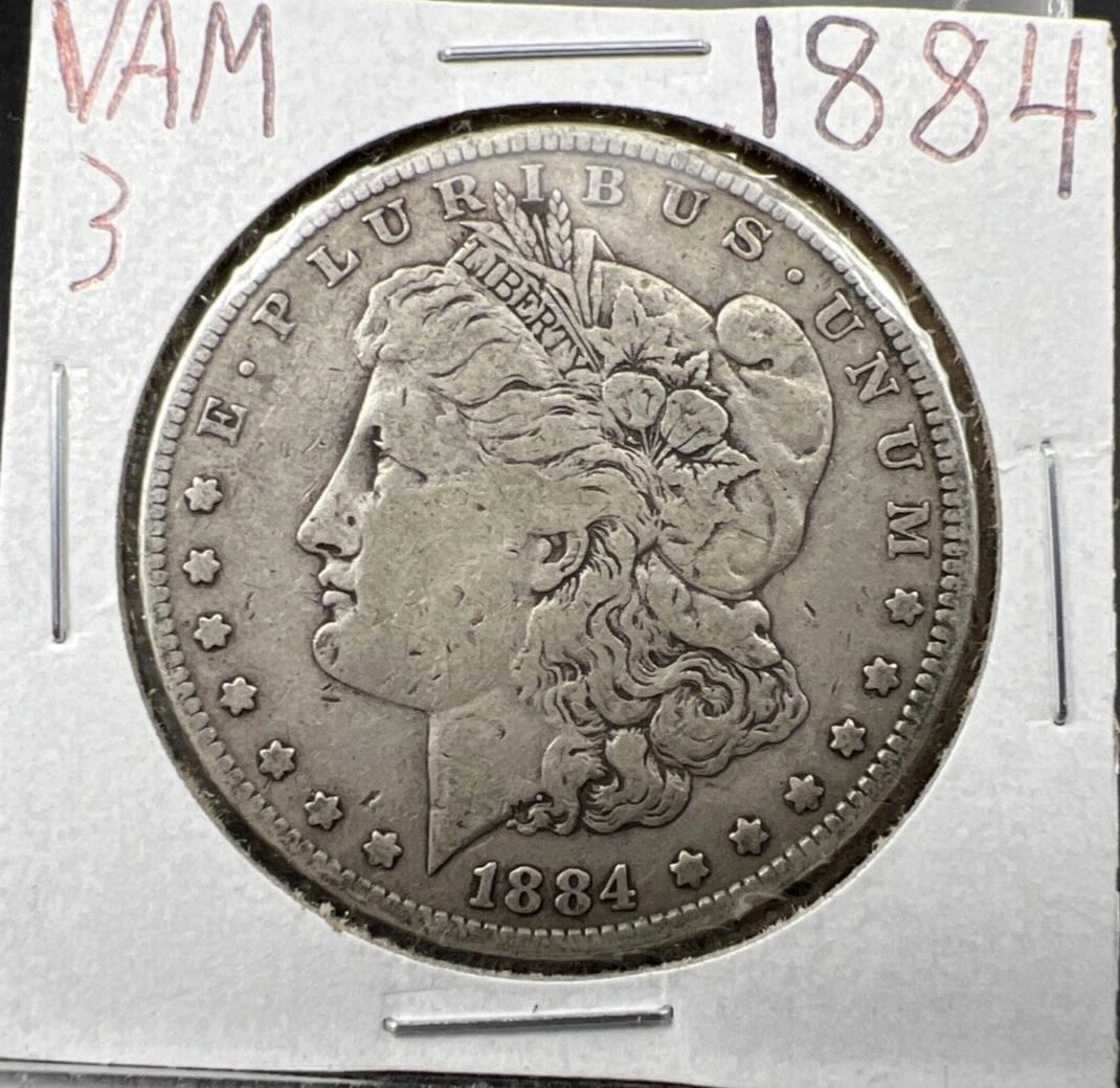 1884 P $1 Morgan Dollar Coin Vam 4 Variety Large Dot Die Chip by Initials VF