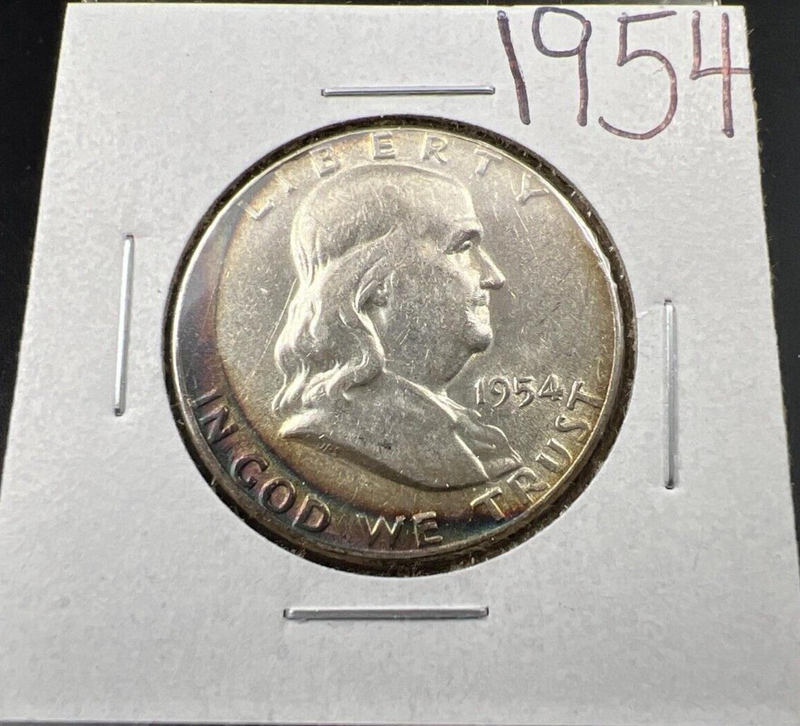 1954 P Franklin Half Dollar Silver Coin AU About UNC Neat Toning Toner