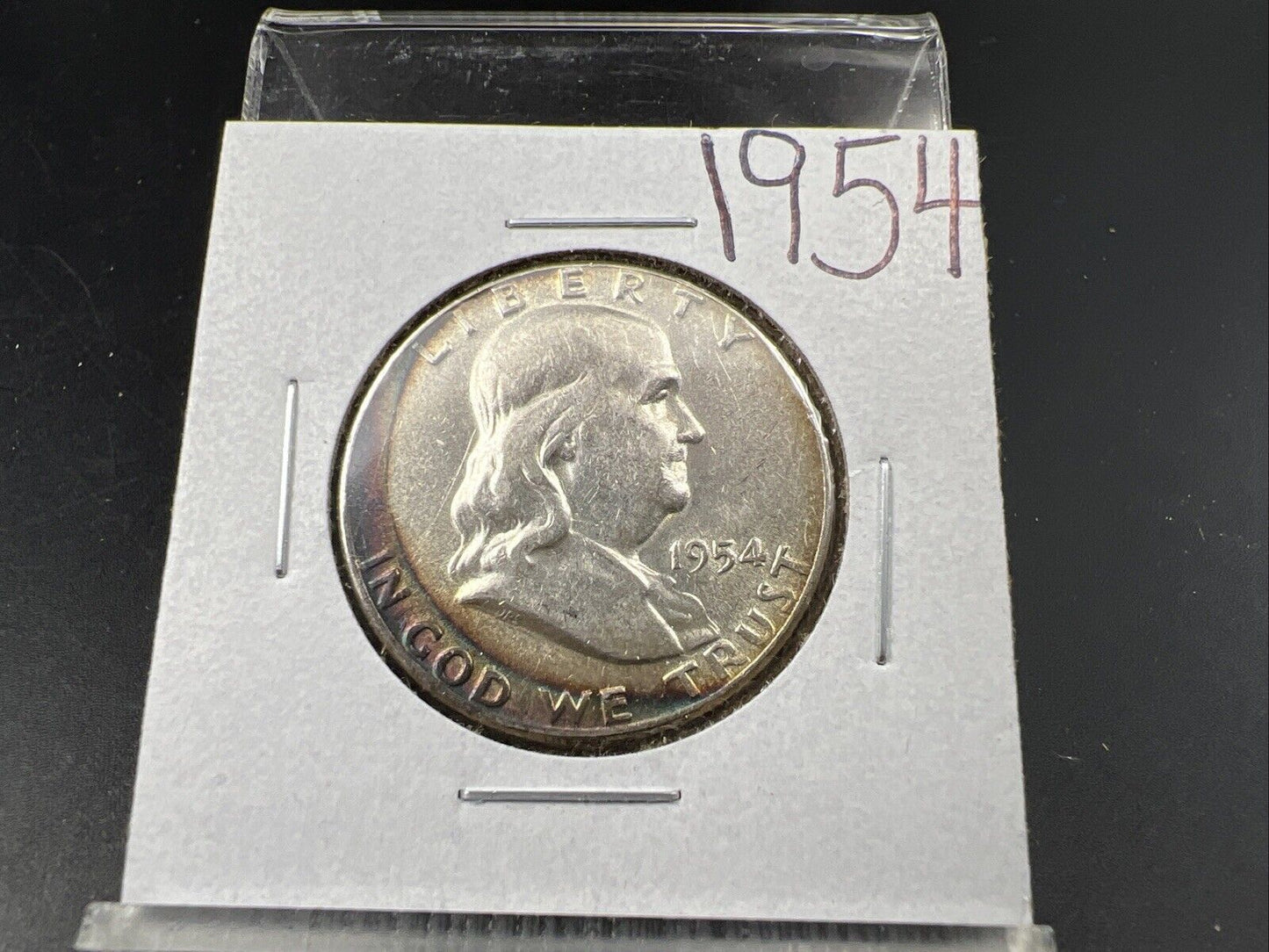 1954 P Franklin Half Dollar Silver Coin AU About UNC Neat Toning Toner