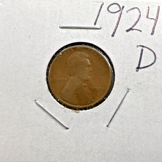 1924 D 1c Lincoln Wheat Cent Good / VG Circ 15% Rotated Die Error