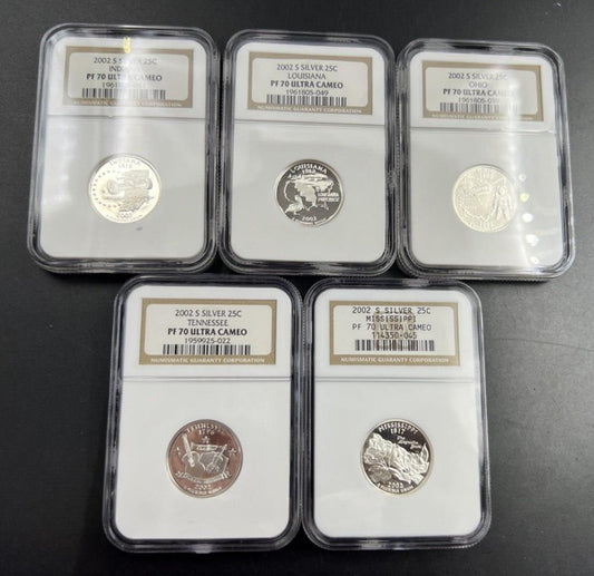 2002 S Complete 5 Coin Silver Proof Quarter Set NGC Graded PF70 UCAM Brown Label