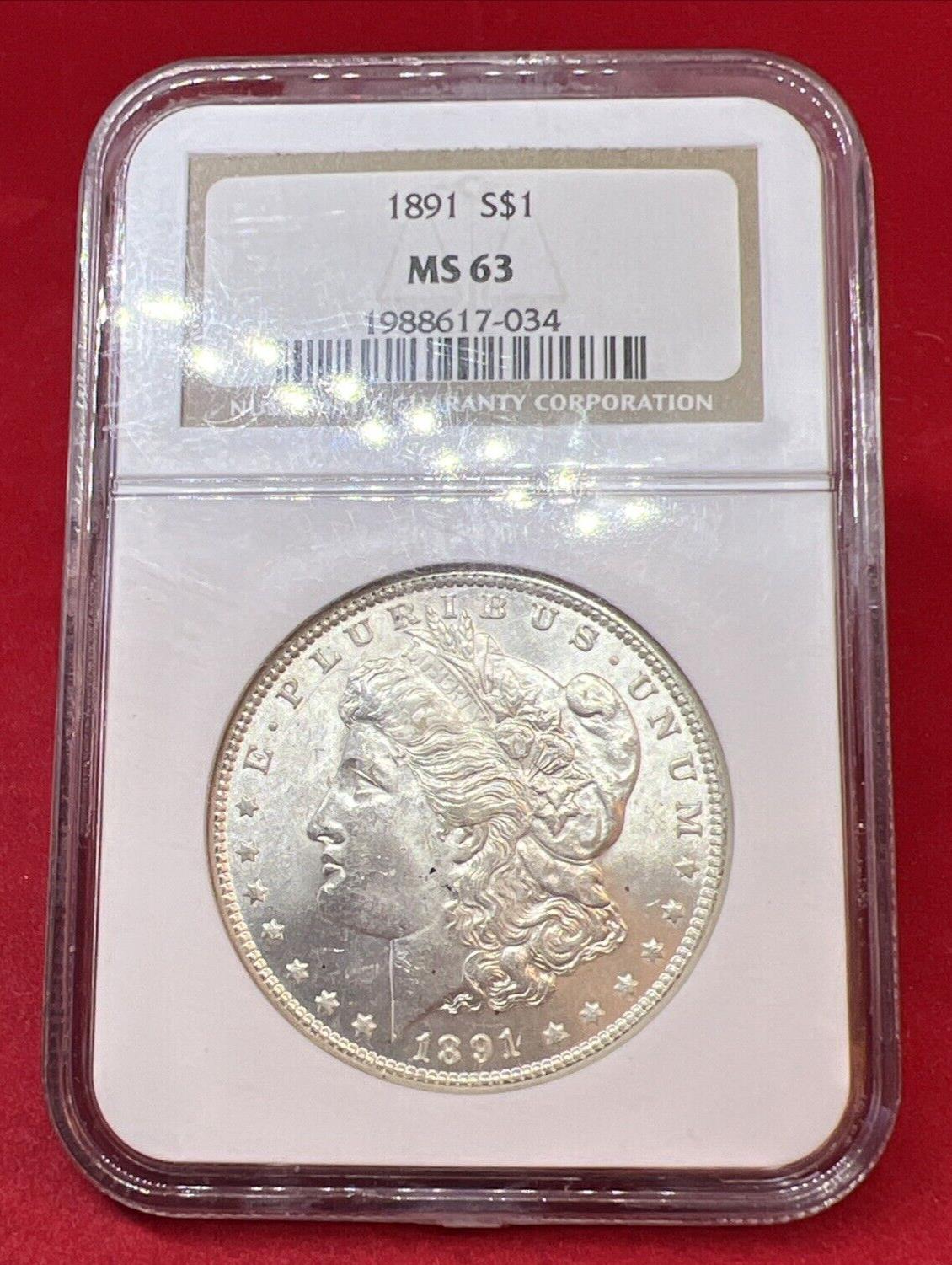 1891 P $1 Morgan Silver Dollar Coin MS63 NGC Choice BU Certified Brown Label