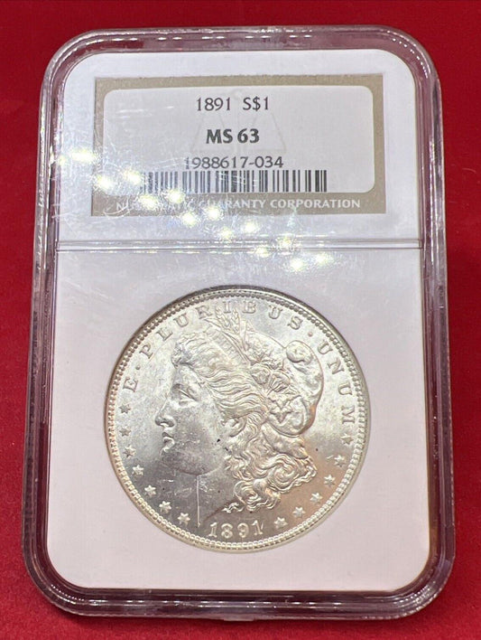 1891 P $1 Morgan Silver Dollar Coin MS63 NGC Choice BU Certified Brown Label