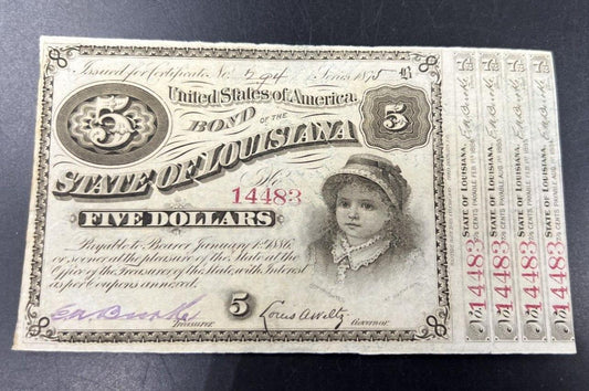 1875 Series Louisiana Baby Bond Obsolete US Currency Note AU / CU