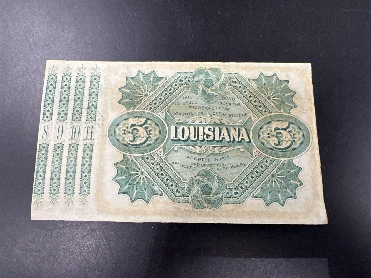 1875 Series Louisiana Baby Bond Obsolete US Currency Note AU / CU