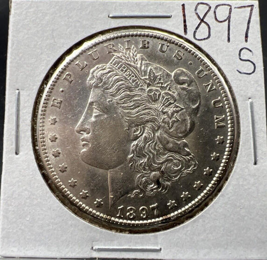 1897 S $1 Morgan Silver Dollar Coin AU About UNC Circ