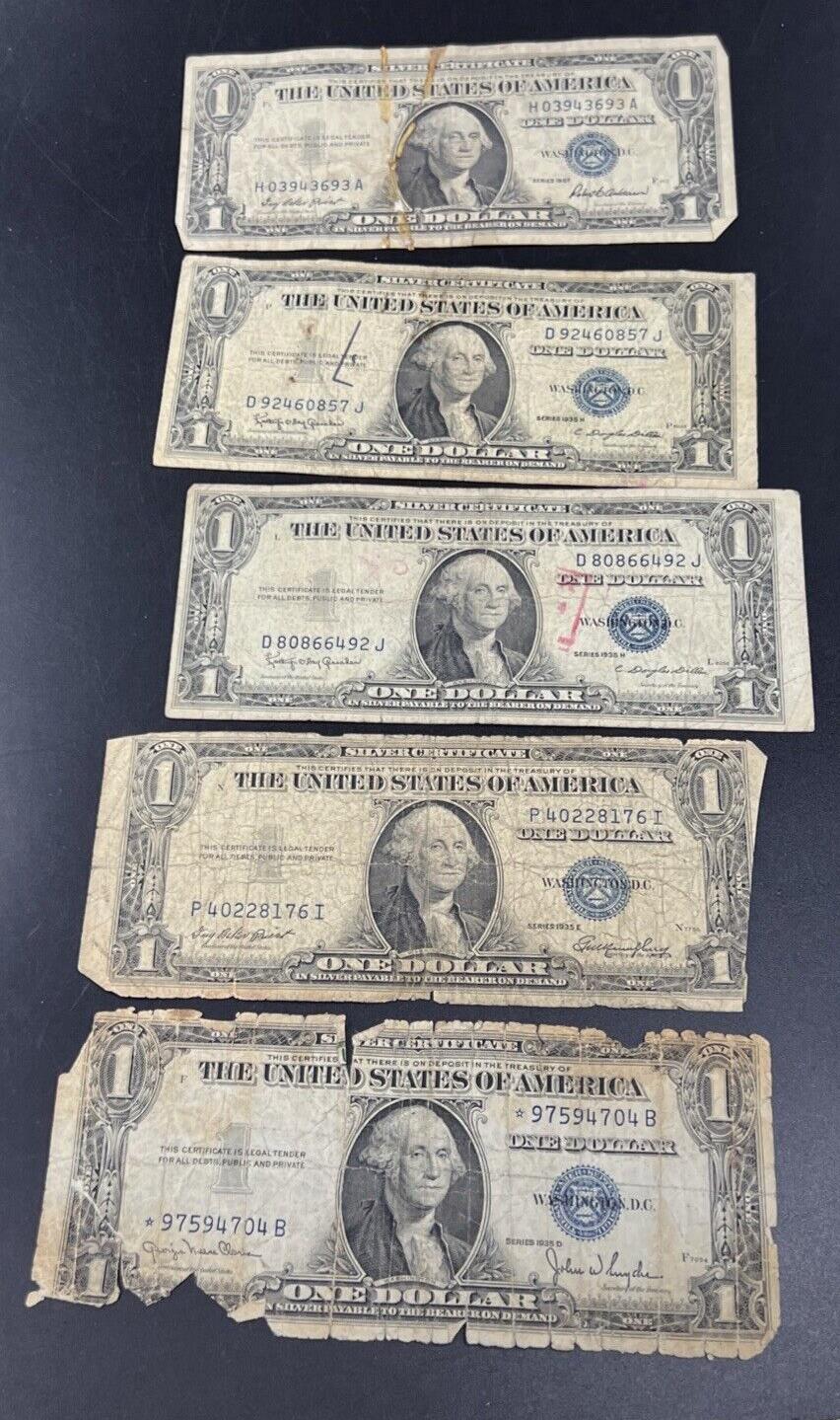 Lot of 5 Cull Very Circulated Small $1 One Dollar Blue Seal Silver Certificates