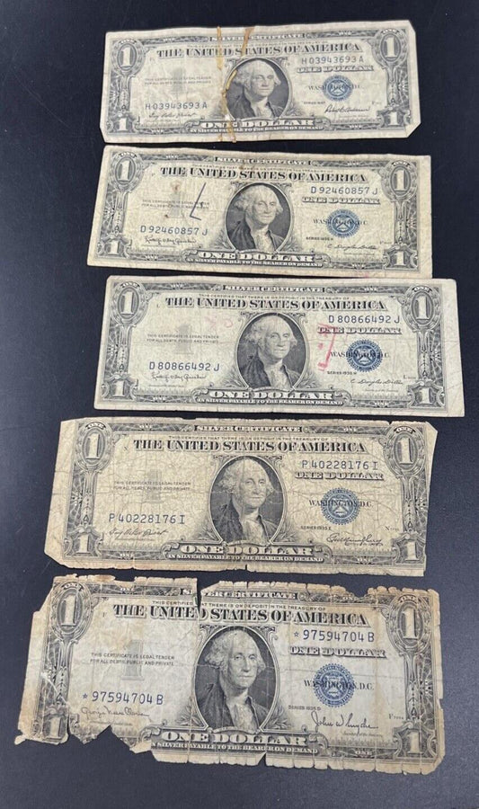 Lot of 5 Cull Very Circulated Small $1 One Dollar Blue Seal Silver Certificates